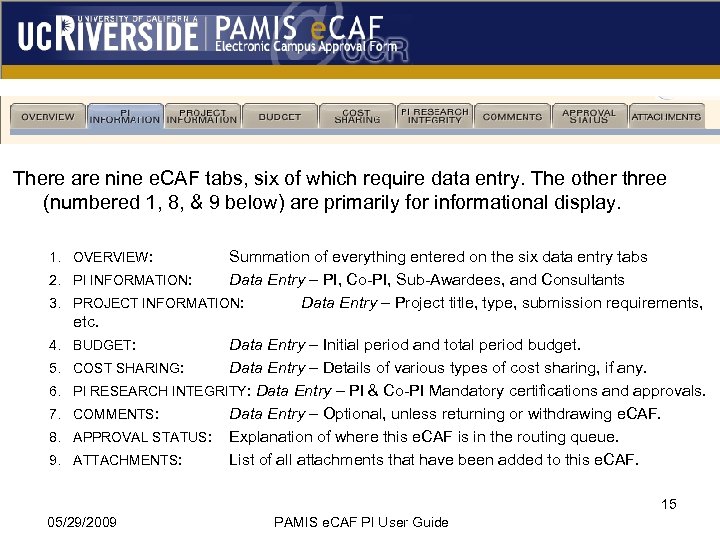 There are nine e. CAF tabs, six of which require data entry. The other