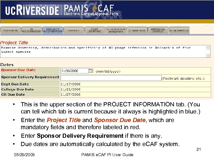  • This is the upper section of the PROJECT INFORMATION tab. (You can