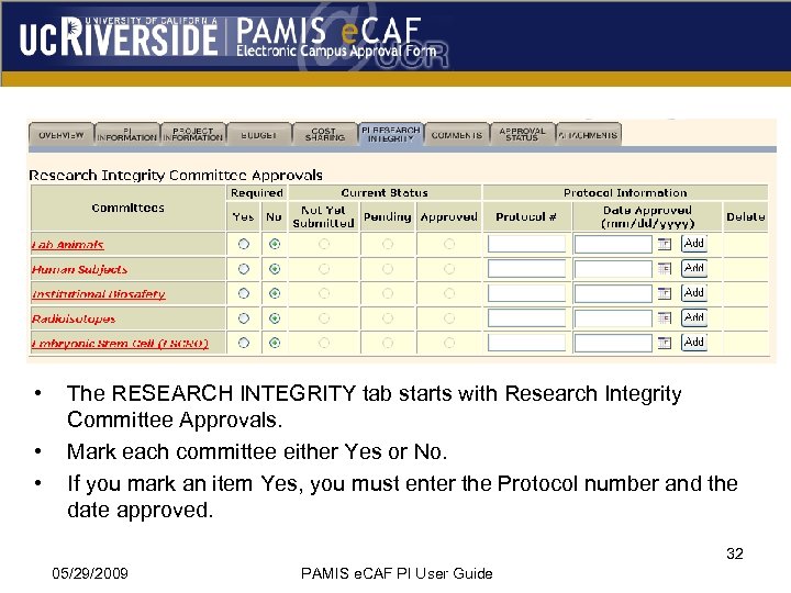  • • • The RESEARCH INTEGRITY tab starts with Research Integrity Committee Approvals.