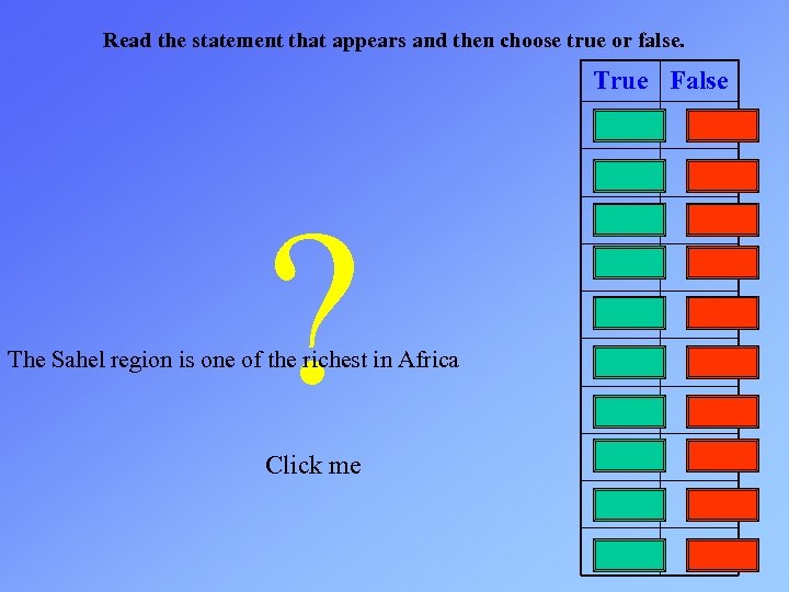 Read the statement that appears and then choose true or false. True False ?