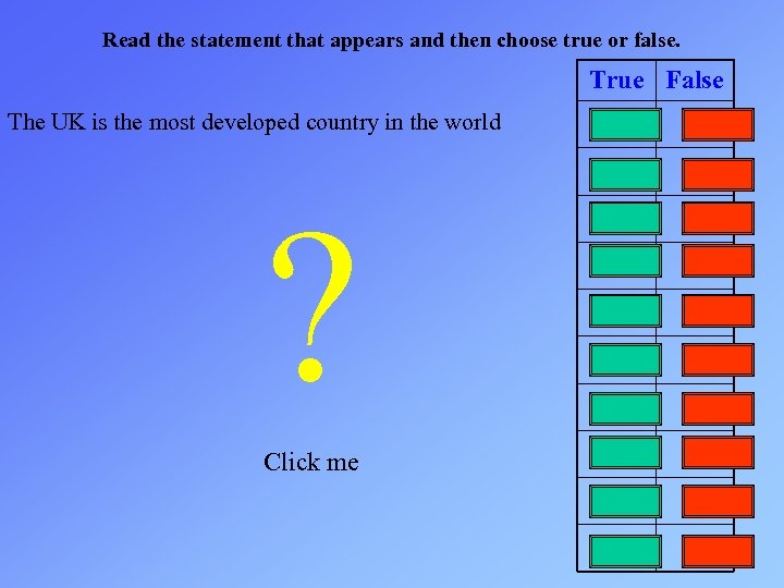 Read the statement that appears and then choose true or false. True False The