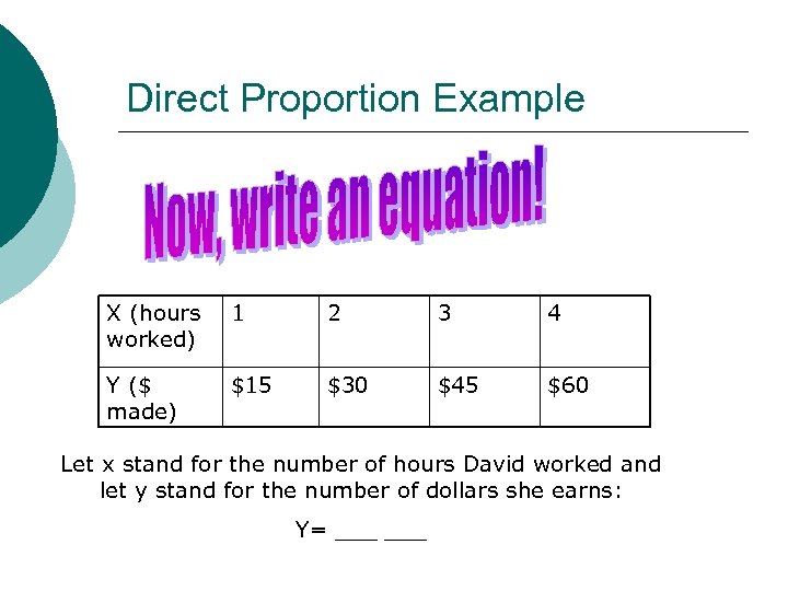 Direct Proportion Example X (hours worked) 1 2 3 4 Y ($ made) $15