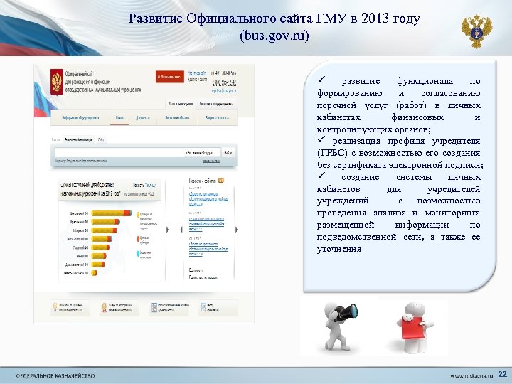 Развитие Официального сайта ГМУ в 2013 году (bus. gov. ru) ü развитие функционала по