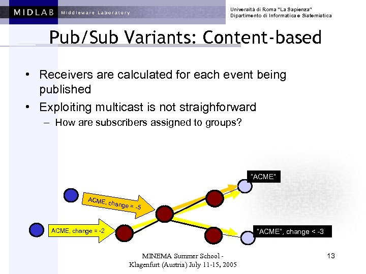 Università di Roma “La Sapienza” Dipartimento di Informatica e Sistemistica Pub/Sub Variants: Content-based •