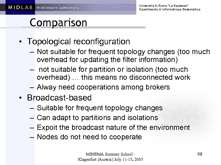 Università di Roma “La Sapienza” Dipartimento di Informatica e Sistemistica Comparison • Topological reconfiguration