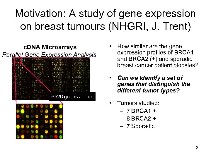 Motivation: A study of gene expression on breast tumours (NHGRI, J. Trent) c. DNA
