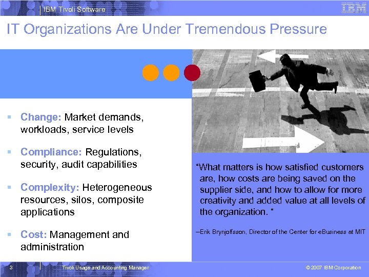 IBM Tivoli Software IT Organizations Are Under Tremendous Pressure § Change: Market demands, workloads,