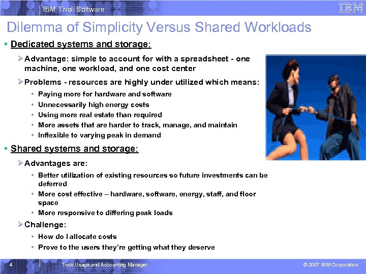 IBM Tivoli Software Dilemma of Simplicity Versus Shared Workloads § Dedicated systems and storage: