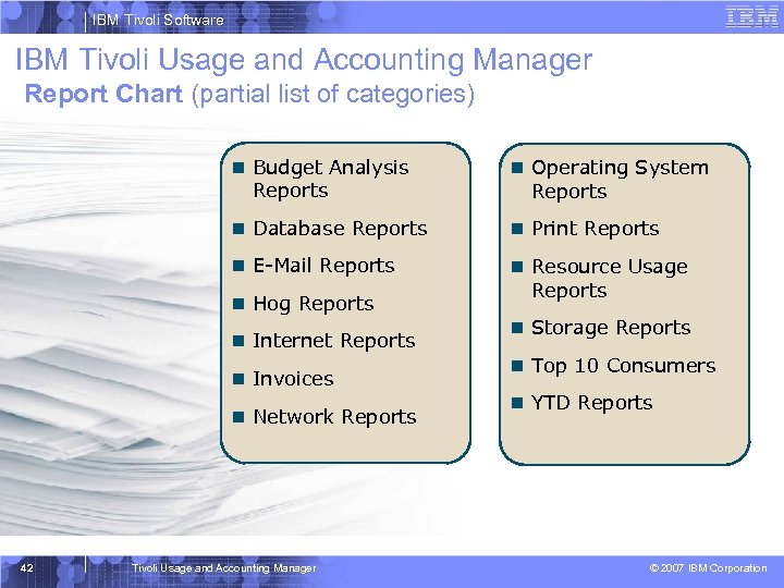 IBM Tivoli Software IBM Tivoli Usage and Accounting Manager Report Chart (partial list of
