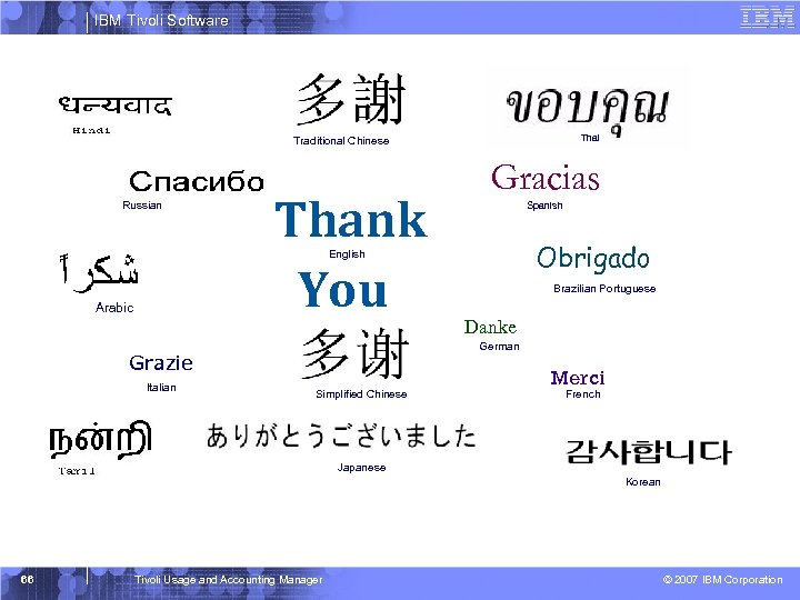 IBM Tivoli Software Thai Traditional Chinese Russian Thank You Gracias Spanish Obrigado English Arabic