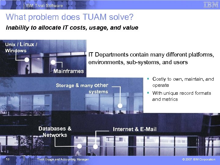 IBM Tivoli Software What problem does TUAM solve? Inability to allocate IT costs, usage,