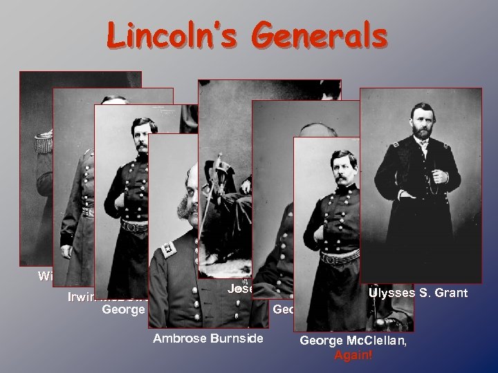 Lincoln’s Generals Winfield Scott Irwin Mc. Dowell George Mc. Clellan Joseph Hooker Ambrose Burnside