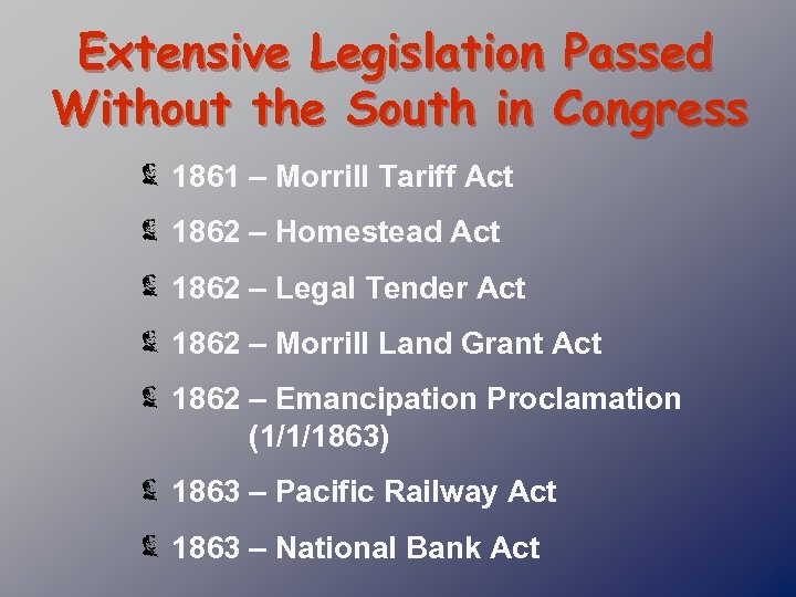 Extensive Legislation Passed Without the South in Congress 1861 – Morrill Tariff Act 1862