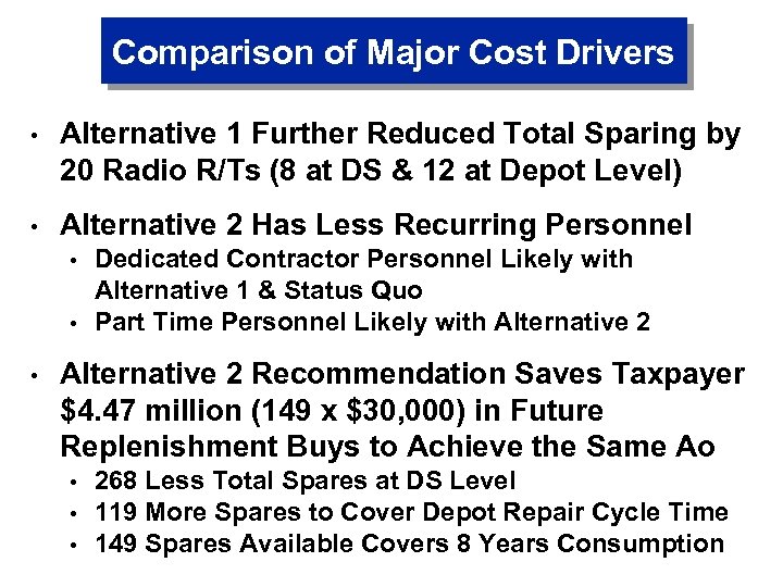 Comparison of Major Cost Drivers • Alternative 1 Further Reduced Total Sparing by 20