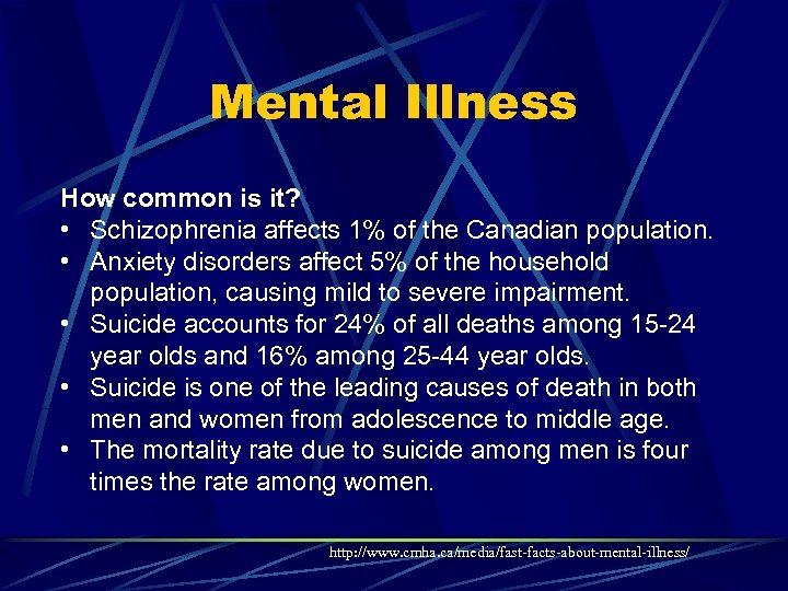 Mental Illness How common is it? • Schizophrenia affects 1% of the Canadian population.