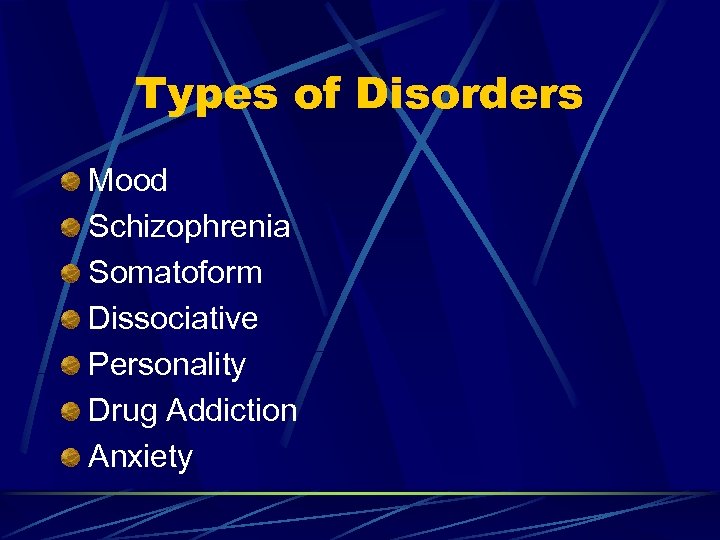 Types of Disorders Mood Schizophrenia Somatoform Dissociative Personality Drug Addiction Anxiety 