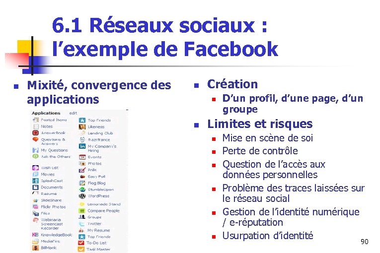 6. 1 Réseaux sociaux : l’exemple de Facebook n Mixité, convergence des applications n