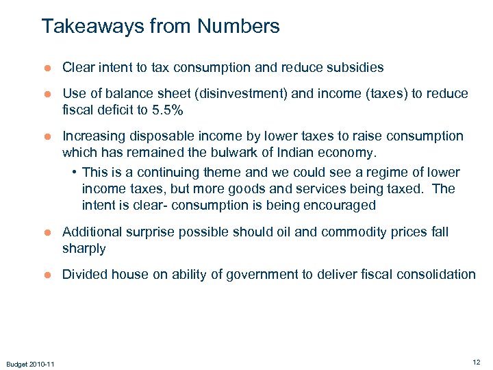 Takeaways from Numbers ● Clear intent to tax consumption and reduce subsidies ● Use