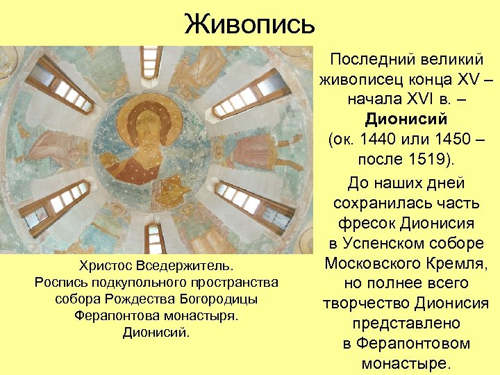 Живопись Христос Вседержитель. Роспись подкупольного пространства собора Рождества Богородицы Ферапонтова монастыря. Дионисий. Последний великий