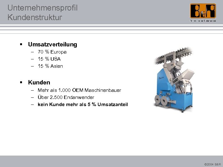 Unternehmensprofil Kundenstruktur § Umsatzverteilung – 70 % Europa – 15 % USA – 15