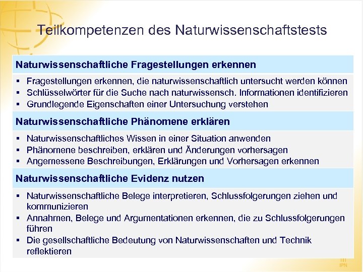 Teilkompetenzen des Naturwissenschaftstests Naturwissenschaftliche Fragestellungen erkennen § Fragestellungen erkennen, die naturwissenschaftlich untersucht werden können