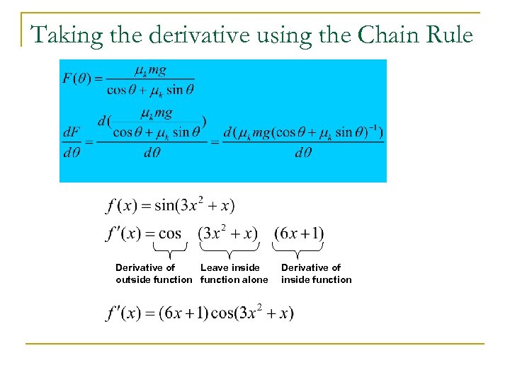 Taking the derivative using the Chain Rule Derivative of Leave inside outside function alone