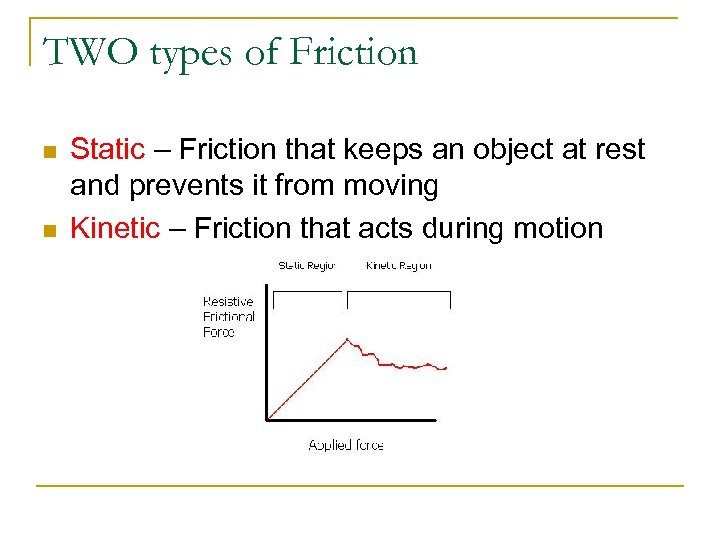 TWO types of Friction n n Static – Friction that keeps an object at