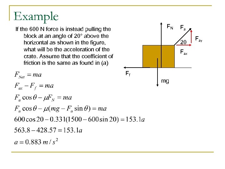 Example FN If the 600 N force is instead pulling the block at an