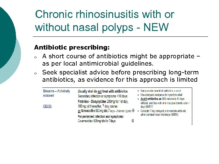 Chronic rhinosinusitis with or without nasal polyps - NEW Antibiotic prescribing: o A short