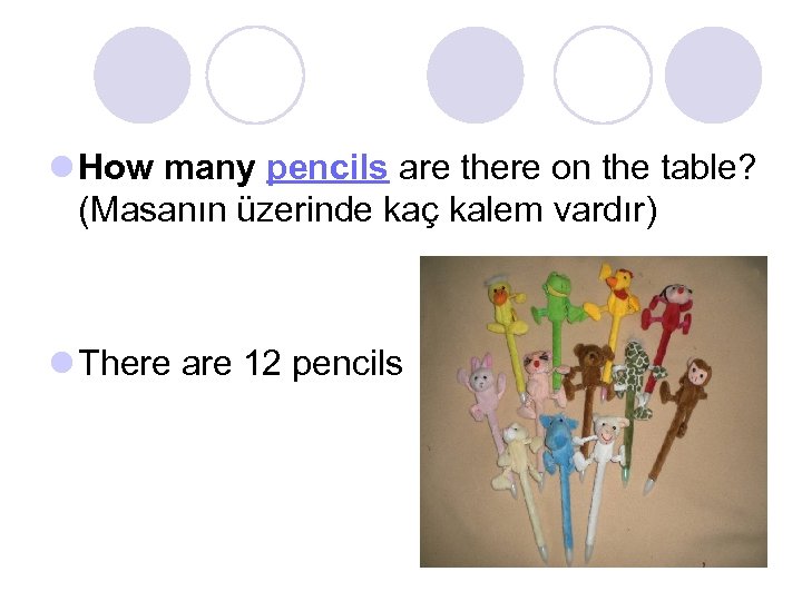 l How many pencils are there on the table? (Masanın üzerinde kaç kalem vardır)