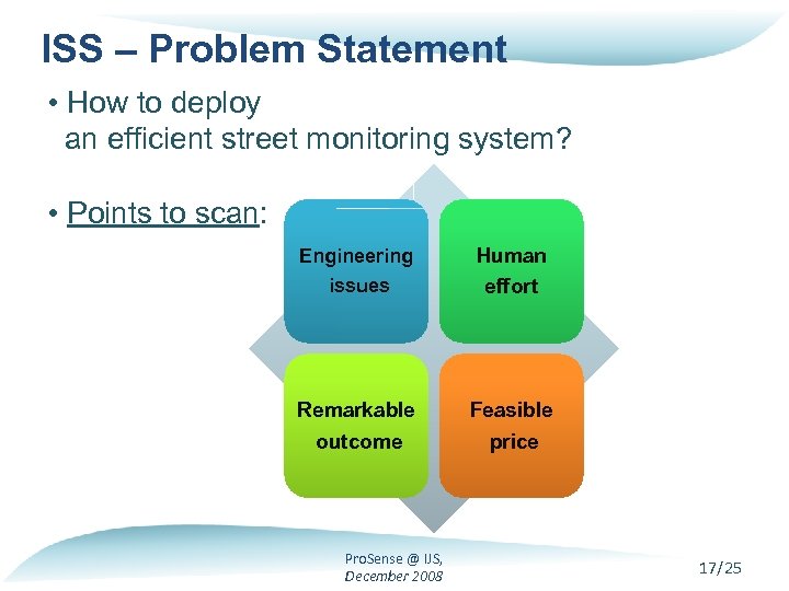 ISS – Problem Statement • How to deploy an efficient street monitoring system? •