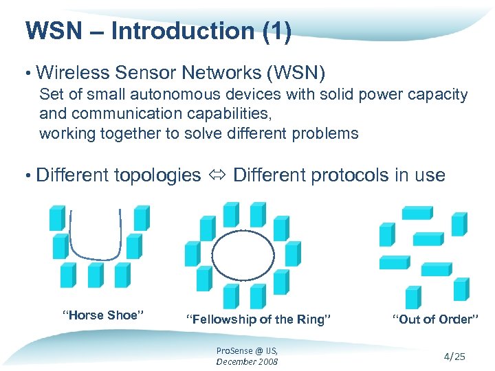 WSN – Introduction (1) • Wireless Sensor Networks (WSN) Set of small autonomous devices