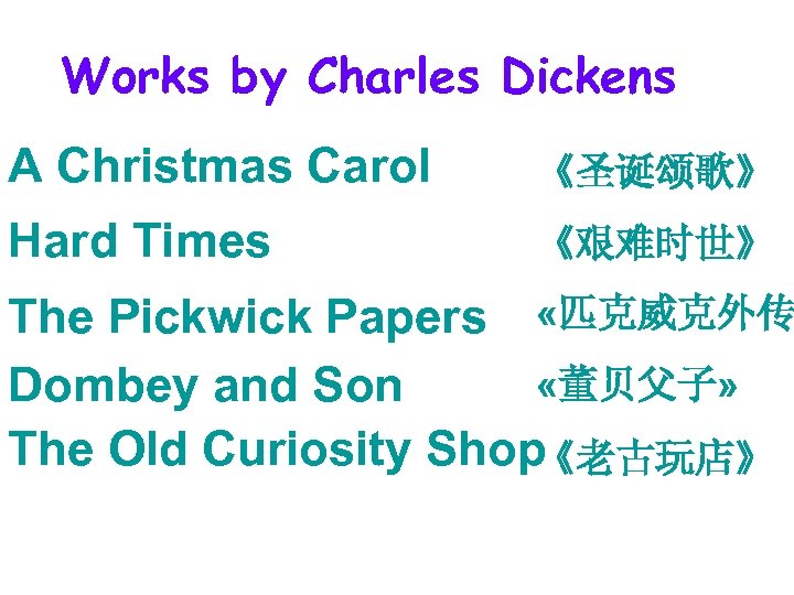 Works by Charles Dickens A Christmas Carol 《圣诞颂歌》 Hard Times 《艰难时世》 The Pickwick Papers