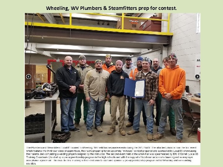 Wheeling, WV Plumbers & Steamfitters prep for contest. 