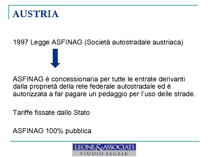 AUSTRIA 1997 Legge ASFINAG (Società autostradale austriaca) ASFINAG è concessionaria per tutte le entrate