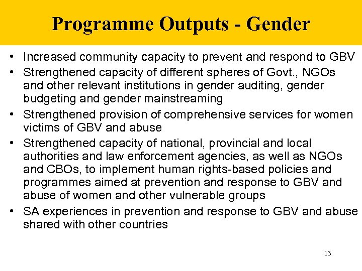Programme Outputs - Gender • Increased community capacity to prevent and respond to GBV