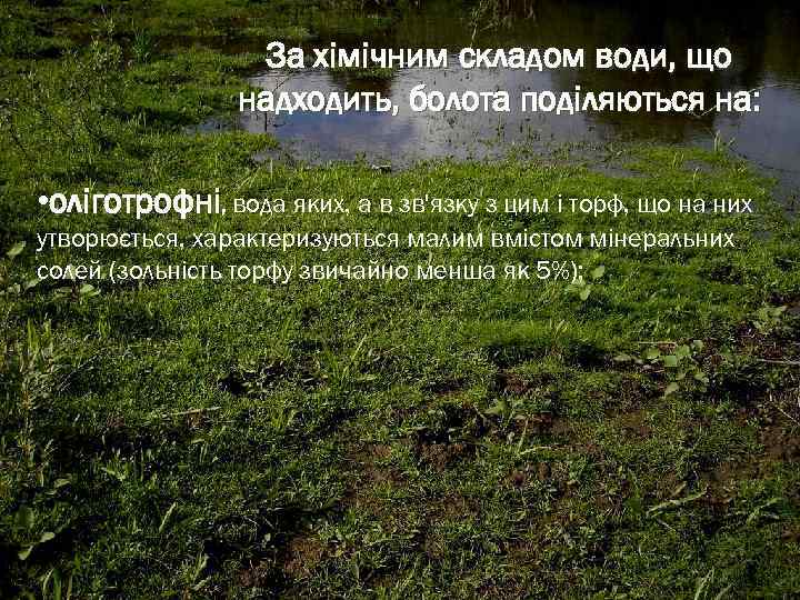 За хімічним складом води, що надходить, болота поділяються на: • оліготрофні, вода яких, а