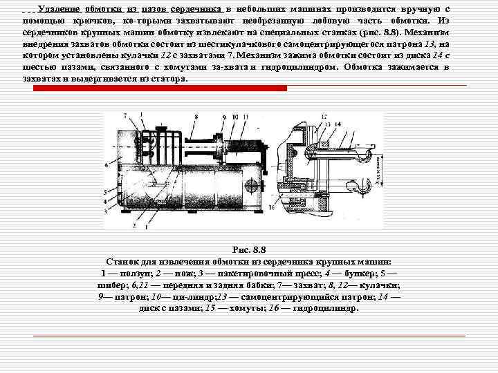 Удаление обмотки из пазов сердечника в небольших машинах производится вручную с помощью крючков, ко