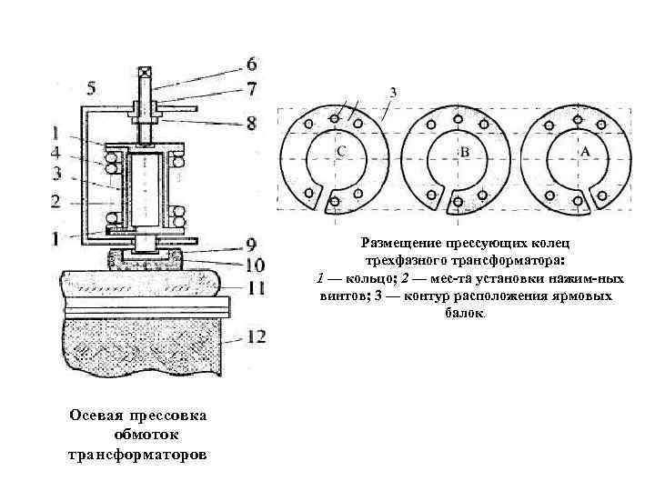 Размещение прессующих колец трехфазного трансформатора: 1 — кольцо; 2 — мес та установки нажим