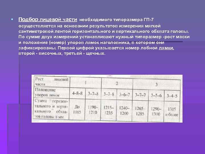 § Подбор лицевой части необходимого типоразмера ГП 7 осуществляется на основании результатов измерения мягкой