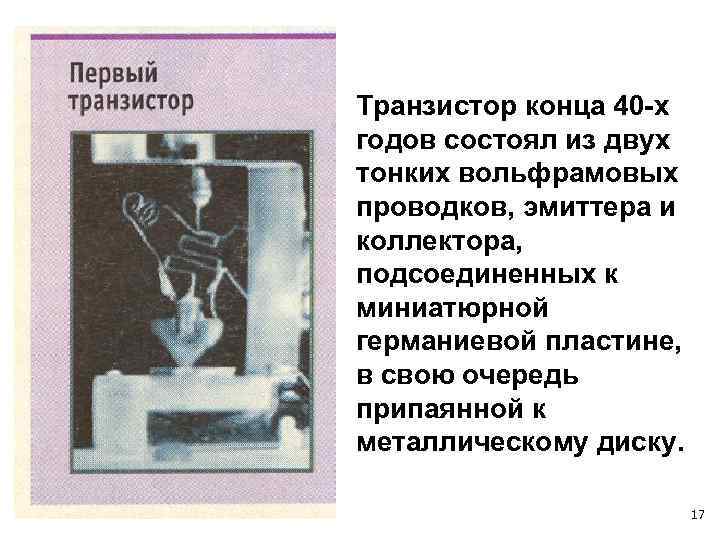 Транзистор конца 40 -х годов состоял из двух тонких вольфрамовых проводков, эмиттера и коллектора,