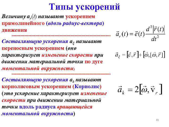 Типы ускорений Величину ar(t) называют ускорением прямолинейного (вдоль радиус-вектора) движения ---------------------------------------- Составляющую ускорения aξ