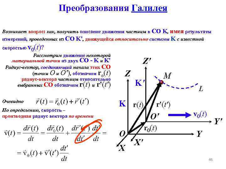 Преобразования Галилея Возникает вопрос: как, получить описание движения частицы в СО K, имея результаты