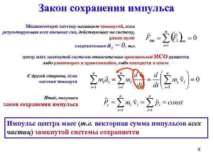 Закон сохранения импульса Механическую систему называют замкнутой, если результирующая всех внешних сил, действующих на