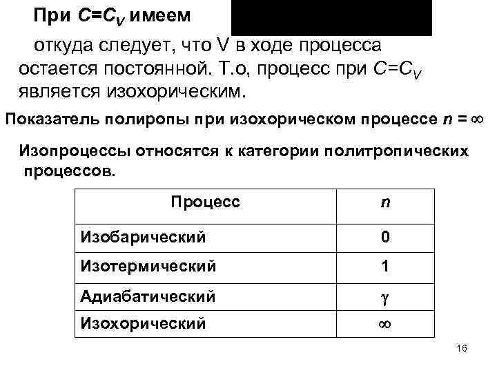 При C=CV имеем откуда следует, что V в ходе процесса остается постоянной. Т. о,