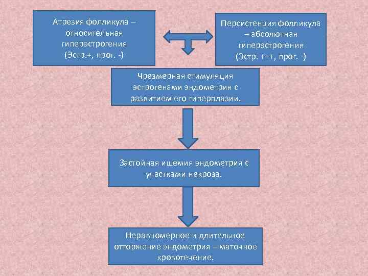 Атрезия фолликула – относительная гиперэстрогения (Эстр. +, прог. -) Персистенция фолликула – абсолютная гиперэстрогения