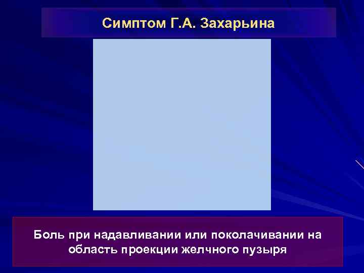 Симптом Г. А. Захарьина Боль при надавливании или поколачивании на область проекции желчного пузыря