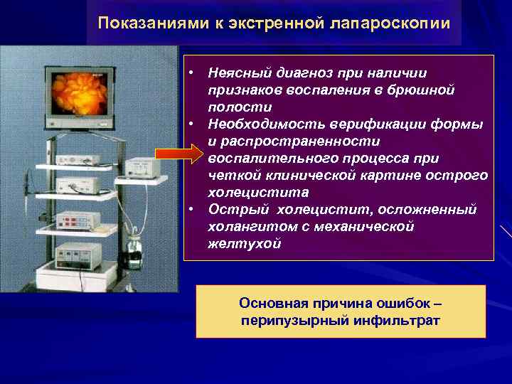 Показаниями к экстренной лапароскопии • Неясный диагноз при наличии признаков воспаления в брюшной полости