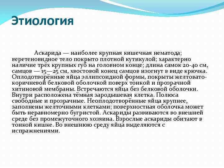 Этиология Аскарида — наиболее крупная кишечная нематода; веретеновидное тело покрыто плотной кутикулой; характерно наличие