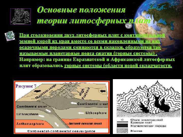 Основные положения теории литосферных плит При столкновении двух литосферных плит с континентальной земной корой